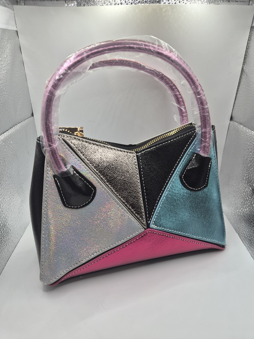 Metallic Colorblock Glam Satchel Crossbody Bag/ Small